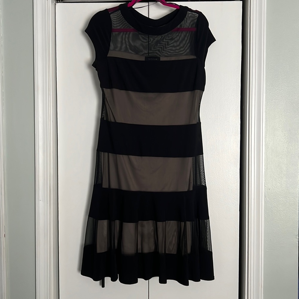 R&M Richards Black & Nude Striped Dress A-Line Midi Length 12